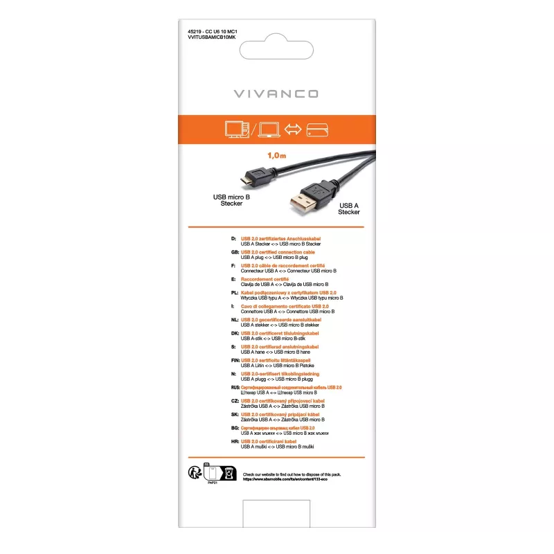 Vivanco VVITUSBAMICB10MK Καλώδιο USB 2.0 Type-A σε Micro-B, 1 m, Μαύρο