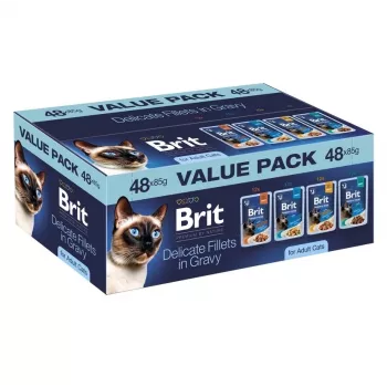 Brit Delicate Fillets in Gravy για ενήλικες γάτες - 48x85g πολυσυσκευασία (κοτόπουλο, βοδινό, γαλοπούλα, σολομός)