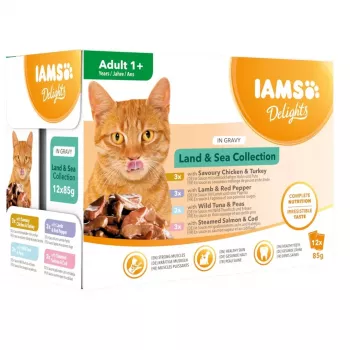 EUKANUBA IAMS DELIGHTS Land & Sea Collection σε σάλτσα υγρή τροφή για γάτες – 12x85g φακελάκια (σολομός & μπακαλιάρος, κοτόπουλο & γαλοπούλα, αρνί & κόκκινη πιπεριά)