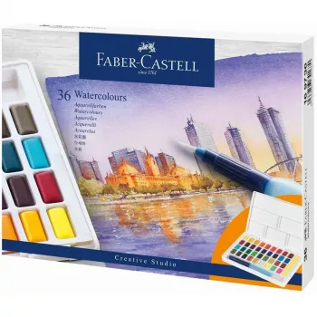 Faber-Castell Creative Studio Σετ υδατοχρωμάτων, 36 χρώματα σε συμπαγή κύπελλα με πινέλο και σφουγγάρι, παλέτα ανάμιξης στο καπάκι, Student Grade, διαφανές, επαναγεμιζόμενο, φορητό πλαστικό κουτί