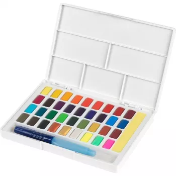 Faber-Castell Creative Studio Σετ υδατοχρωμάτων, 36 χρώματα σε συμπαγή κύπελλα με πινέλο και σφουγγάρι, παλέτα ανάμιξης στο καπάκι, Student Grade, διαφανές, επαναγεμιζόμενο, φορητό πλαστικό κουτί