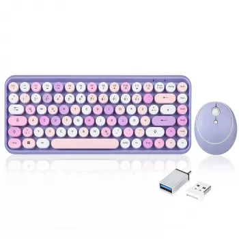 Perixx PERIDUO-713PP DE ασύρματο σετ mini πληκτρολογίου και ποντικιού, ρετρό vintage σχεδίαση, μωβ, γερμανικό layout