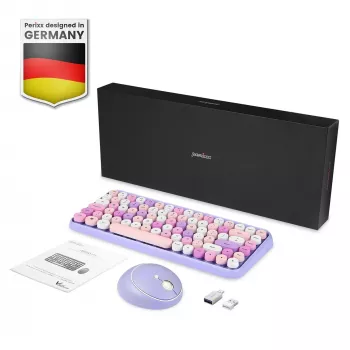 Perixx PERIDUO-713PP DE ασύρματο σετ mini πληκτρολογίου και ποντικιού, ρετρό vintage σχεδίαση, μωβ, γερμανικό layout