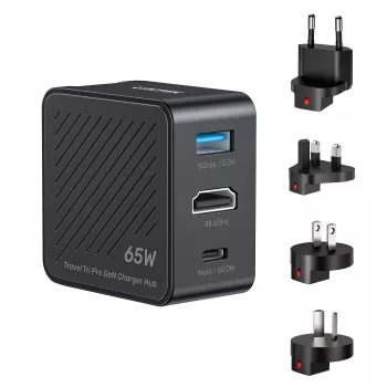UNITEK P1242ABK01 GaN 3-in-1 Ταξιδιωτικός φορτιστής-hub 65W με 4K@60Hz HDMI, USB-A και USB-C