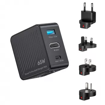 UNITEK P1242ABK01 GaN 3-in-1 Ταξιδιωτικός φορτιστής-hub 65W με 4K@60Hz HDMI, USB-A και USB-C
