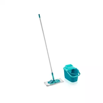 LEIFHEIT Clean & Compact σετ καθαρισμού δαπέδου με επίπεδη σφουγγαρίστρα και στύψιμο με πεντάλ, κουβάς 8L, κεφαλή μικροϊνών, 33cm, λευκό/μπλε