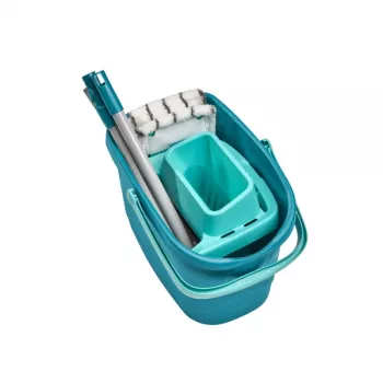 LEIFHEIT Clean & Compact σετ καθαρισμού δαπέδου με επίπεδη σφουγγαρίστρα και στύψιμο με πεντάλ, κουβάς 8L, κεφαλή μικροϊνών, 33cm, λευκό/μπλε