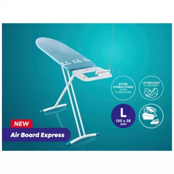 LEIFHEIT Air Board Express L Solid σιδερώστρα 130x38 cm με τεχνολογία Thermo-Reflect, ρυθμιζόμενο ύψος 75-98 cm, πτυσσόμενη, σχήμα ώμου, αντιολισθητικά πόδια, βάση σιδέρου, συγκρατητής καλωδίου, λευκό/μπλε