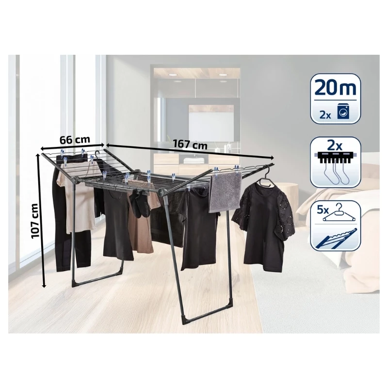 LEIFHEIT απλώστρα ρούχων Pegasus 200 Solid Black 20 m μήκος στεγνώματος πτυσσόμενη