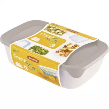 Curver Fresh & Go Σετ κουτιών αποθήκευσης, 3 ορθογώνια δοχεία, 2L + 1L + 0,5L, διαφανή με χρωματιστά αεροστεγή καπάκια