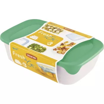 Curver Fresh & Go Σετ κουτιών αποθήκευσης, 3 ορθογώνια δοχεία, 2L + 1L + 0,5L, διαφανή με χρωματιστά αεροστεγή καπάκια