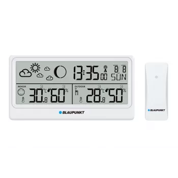 Blaupunkt WS20WH Μετεωρολογικός Σταθμός με Εξωτερικό Αισθητήρα, Έγχρωμη LCD, Ρολόι DCF, Φάση Σελήνης, Λειτουργία Φόρτισης USB