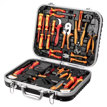NEO TOOLS 25 τεμ. Σετ εργαλειοθήκης ηλεκτρολόγου, VDE μονωμένα χειροκίνητα εργαλεία με δοκιμαστή τάσης, απογυμνωτή καλωδίων, πένσες, κατσαβίδια και αξεσουάρ σε ανθεκτική πλαστική βαλίτσα