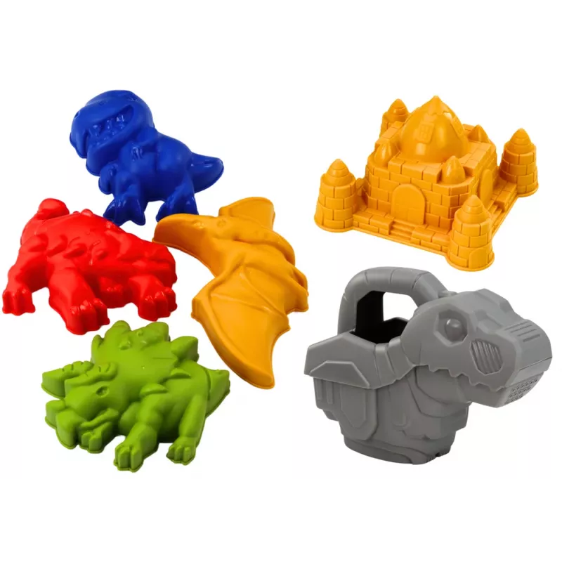 LEAN TOYS Σετ κουβά άμμου με ντους, φτυάρι, τσουγκράνα, φόρμες, δεινόσαυρο