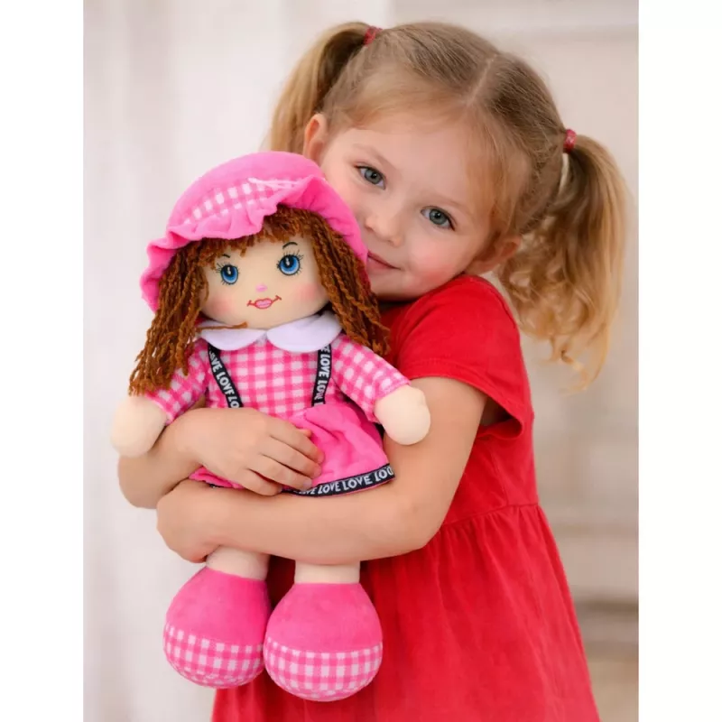 LEAN TOYS Πάνινη κούκλα λούτρινο παιχνίδι καρό φόρεμα ροζ 35 cm