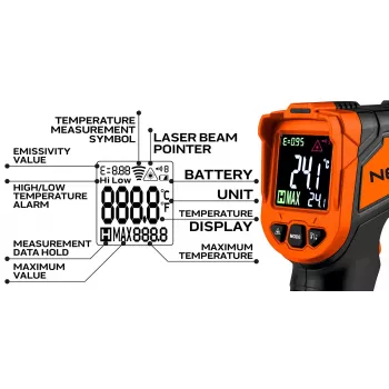 NEO TOOLS 75-276 Πυρόμετρο, θερμόμετρο υπερύθρων χωρίς επαφή με διπλό λέιζερ στόχευσης, -50°C έως 880°C, 12:1 D:S, ρυθμιζόμενη εκπομπή, φωτιζόμενη LCD