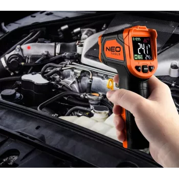 NEO TOOLS 75-276 Πυρόμετρο, θερμόμετρο υπερύθρων χωρίς επαφή με διπλό λέιζερ στόχευσης, -50°C έως 880°C, 12:1 D:S, ρυθμιζόμενη εκπομπή, φωτιζόμενη LCD