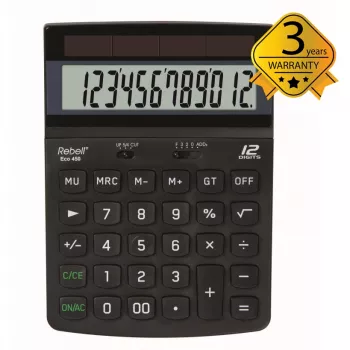 REBELL RE-ECO 450 BX Επιτραπέζια αριθμομηχανή, οθόνη LCD 12 ψηφίων, Dual Power, ανακυκλωμένο πλαστικό, μαύρο