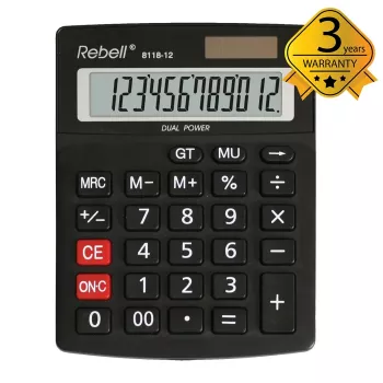 REBELL RE-8118-12 BX Ημι-επιτραπέζια αριθμομηχανή τσέπης, κεκλιμένη οθόνη LCD 12 ψηφίων, Dual-Power ηλιακή & μπαταρίας, μαύρο