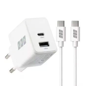 EFB Elektronik G201A1CE 20W GaN USB-C PD3.0 + USB-A QC3.0 Σετ επιτοίχιου φορτιστή με καλώδιο USB-C 2m, Λευκό