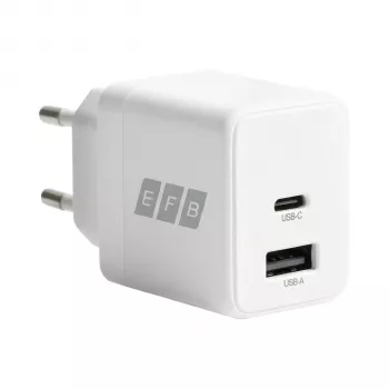 EFB Elektronik G201A1CE 20W GaN USB-C PD3.0 + USB-A QC3.0 Σετ επιτοίχιου φορτιστή με καλώδιο USB-C 2m, Λευκό