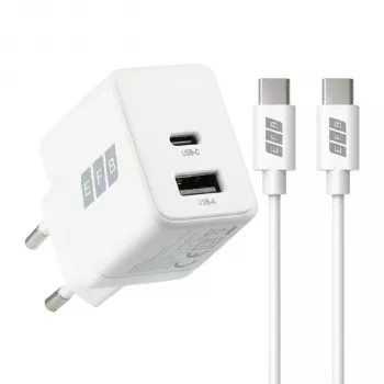 EFB Elektronik G301A1CE 30W GaN USB-C PD3.0 + USB-A QC3.0 Σετ επιτοίχιου φορτιστή με καλώδιο USB-C 2m, Λευκό