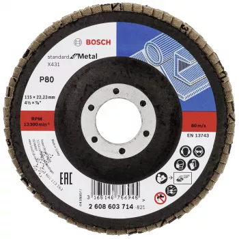 Bosch X431 Standard Δίσκος Λείανσης για Μέταλλο, ίσιος, 115 mm, Κόκκο 80, Υπόστρωμα Fiberglass 2608603714