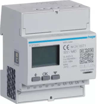 Hager ECP302C τριφασικός μετρητής ενέργειας για μετασχηματιστές ρεύματος 1A ή 5A, ράγα DIN 4 μονάδων, έξοδος παλμών S0
