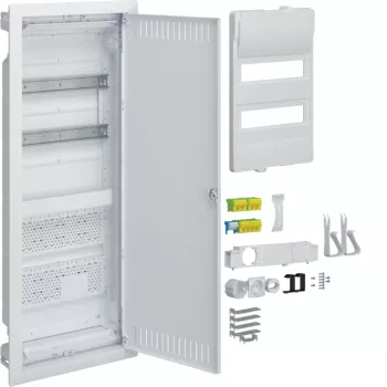 HAGER VU602NWH Χωνευτός πίνακας διανομής με πρίζα και χαλύβδινη πόρτα, 2 σειρές, 24 μονάδες, Λευκό