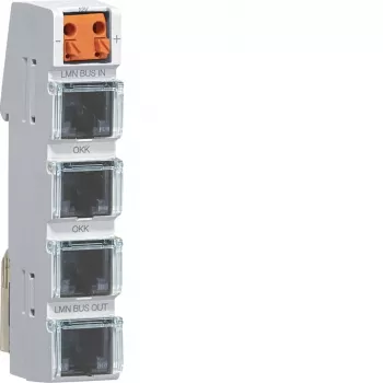 Hager LMN Module διαύλου με 4 θύρες RJ12, ενεργή τροφοδοσία, τοποθέτηση σε ράγα DIN, πλάτος 2 TE ZZ12LMN04A