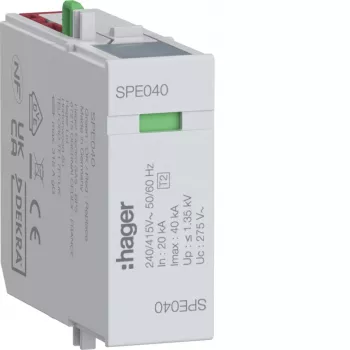 Hager SPE040 Μονάδα προστασίας από υπέρταση L-N Uc 275V In 20kA Imax 40kA Up 1,35kV