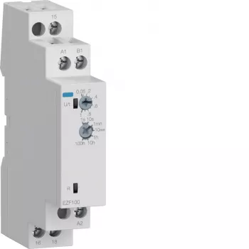 Hager EZF100 Πολυλειτουργικό χρονοδιακόπτη, 230V AC, 8 λειτουργίες, 0,1s-10h, 1 επαφή CO, ράγα DIN