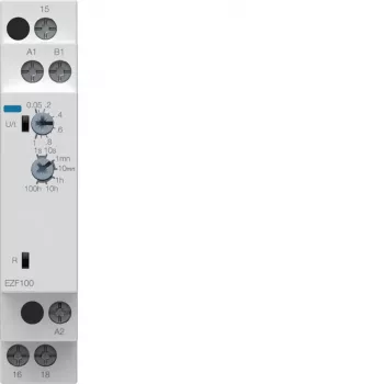 Hager EZF100 Πολυλειτουργικό χρονοδιακόπτη, 230V AC, 8 λειτουργίες, 0,1s-10h, 1 επαφή CO, ράγα DIN