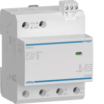 Hager SPA312 Τύπου 1+2+3 Συσκευή Προστασίας από Υπέρταση, 3-πολική, 12,5 kA, TN-C, Ράγα DIN