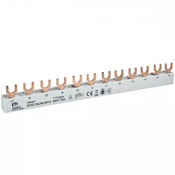 ETI 002921268 Χάλκινη μπάρα συλλογής IZ10/L1NL2NL3N/12 για ETIMAT 1P+N, 690V, 63A, τύπου διχάλας