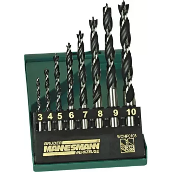Brüder Mannesmann M54308 σετ τρυπανιών ξύλου, 8 τεμ., 3–10 mm, κεντρική μύτη, χάλυβας άνθρακα, πλαστική βαλίτσα