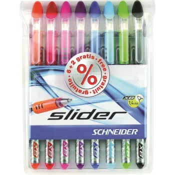 Schneider Slider Basic Σετ στυλό - 8 διαφορετικά χρώματα, εξαιρετικά φαρδιά μύτη 1,4 mm, τεχνολογία Viscoglide, εργονομική λαστιχένια λαβή, κλιπ ανοξείδωτου χάλυβα 151298