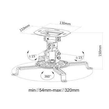 E+P DH 15 Βάση οροφής προβολέα 150 mm, κλίση/περιστροφή/στροφή, έως 13,5 kg, ασημί 1258015