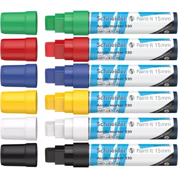 Schneider Paint-It 330 V1 Σετ μαρκαδόρων ακρυλικού, 6 διαφορετικά χρώματα, μύτη σφήνας 15 mm 120396