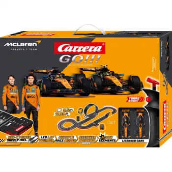 Carrera GO!!! McLaren Racing ηλεκτρικό σετ slotcar κλίμακας 1:43 με looping, fly-over, στένωση, 2 χειριστήρια, 6,2m διαδρομή