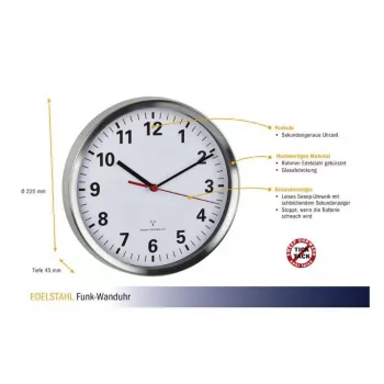 TFA Dostmann 60.3529.02 Ασύρματο ρολόι τοίχου 220 mm αλουμινίου με συρόμενο δείκτη δευτερολέπτων