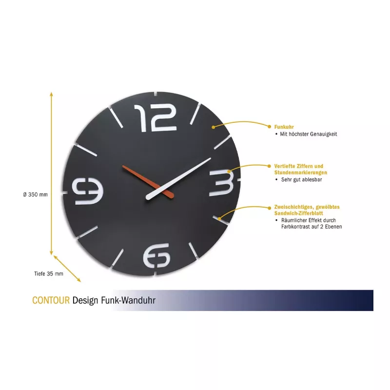 TFA Dostmann Design Ρολόι τοίχου με ραδιοσήμα Contour, μαύρο/λευκό (60.3536.10)