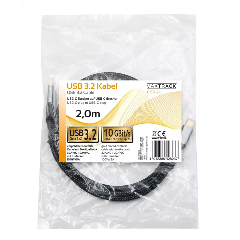 Maxtrack C531-2L καλώδιο USB-C σε USB-C 3.2 Gen2 10Gbps 100W PD 2m μαύρο