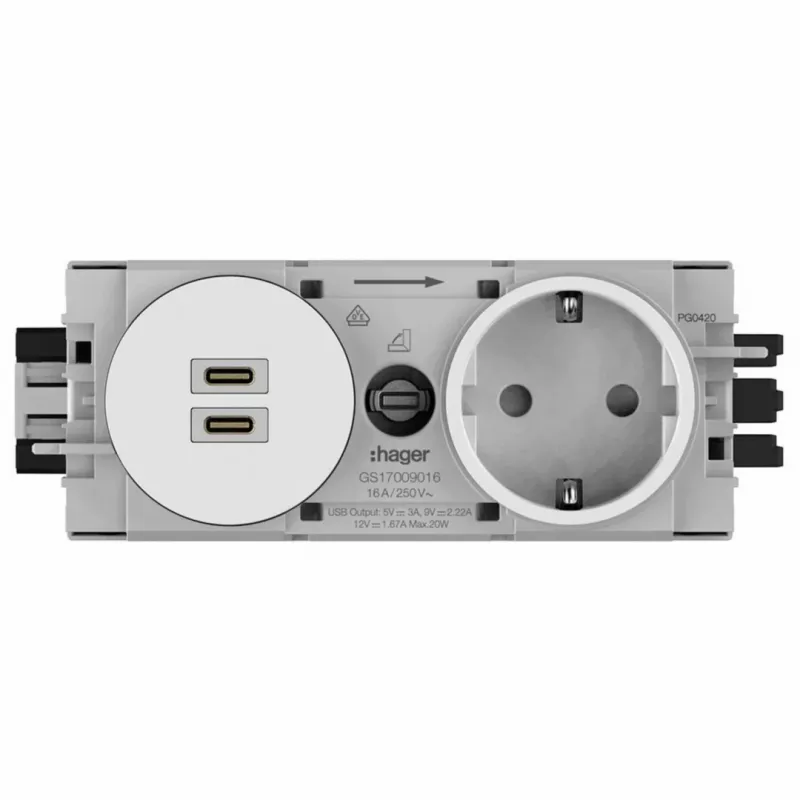 Hager Winsta Πρίζα SCHUKO χωνευτή με 2x USB-C PD 20W φορτιστή, λευκό GS17009016
