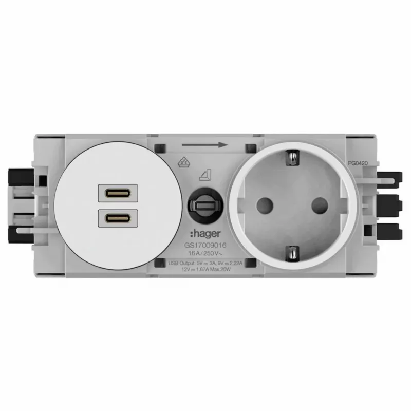Hager Winsta Πρίζα SCHUKO χωνευτή με 2x USB-C PD 20W φορτιστή, λευκό GS17009016