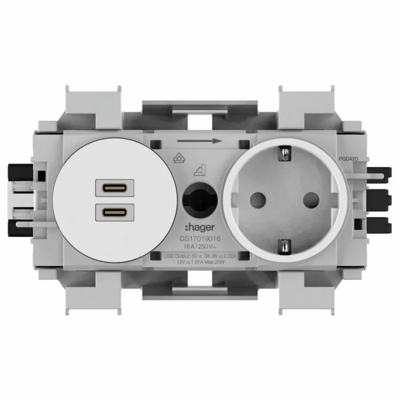 Hager Winsta Πρίζα Schuko με Dual USB-C PD 20W φορτιστή, πολικό λευκό GS17019016