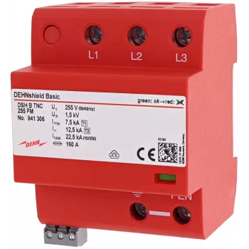DEHN DSH B TNC 255 FM Type 1+2 συνδυασμένος απαγωγός υπέρτασης για συστήματα TN-C, 3-πολικός, 255 V AC, 25 kA (10/350 µs), τηλεσήμανση 941306