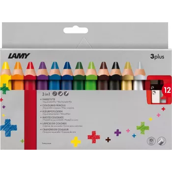 LAMY 3plus Χρωματιστά μολύβια σετ 12 τεμ., εξαιρετικά χοντρές άθραυστες μύτες 3,3 mm, εργονομική τριγωνική λαβή, διάφορα χρώματα 1223548