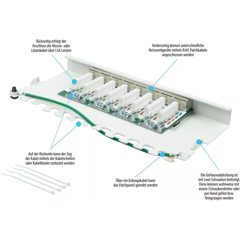 GoodConnections GC-N0113 Desktop Cat.6 8-Port STP Patch Panel, 0,5U, χωρίς εργαλεία, λευκό RAL9010