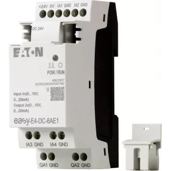 Eaton EASY-E4-DC-6AE1 Μονάδα ελέγχου PLC, 12/24 V DC, 6 ψηφιακές είσοδοι, 2 αναλογικές είσοδοι, 4 έξοδοι ρελέ, επεκτάσιμη, ενσωματωμένη οθόνη LCD